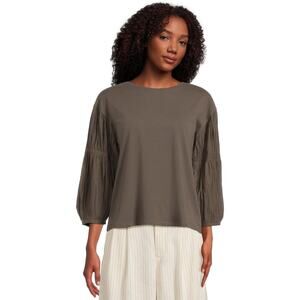 Madewell Femme Woven Mixy Top Womens L Grayish Brown Long Sleeve NU849 Crewneck